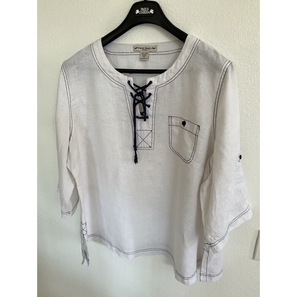 David Brooks Womens White 100% Linen Lace Up Blouse Top Plus Size 3X Boho Chic